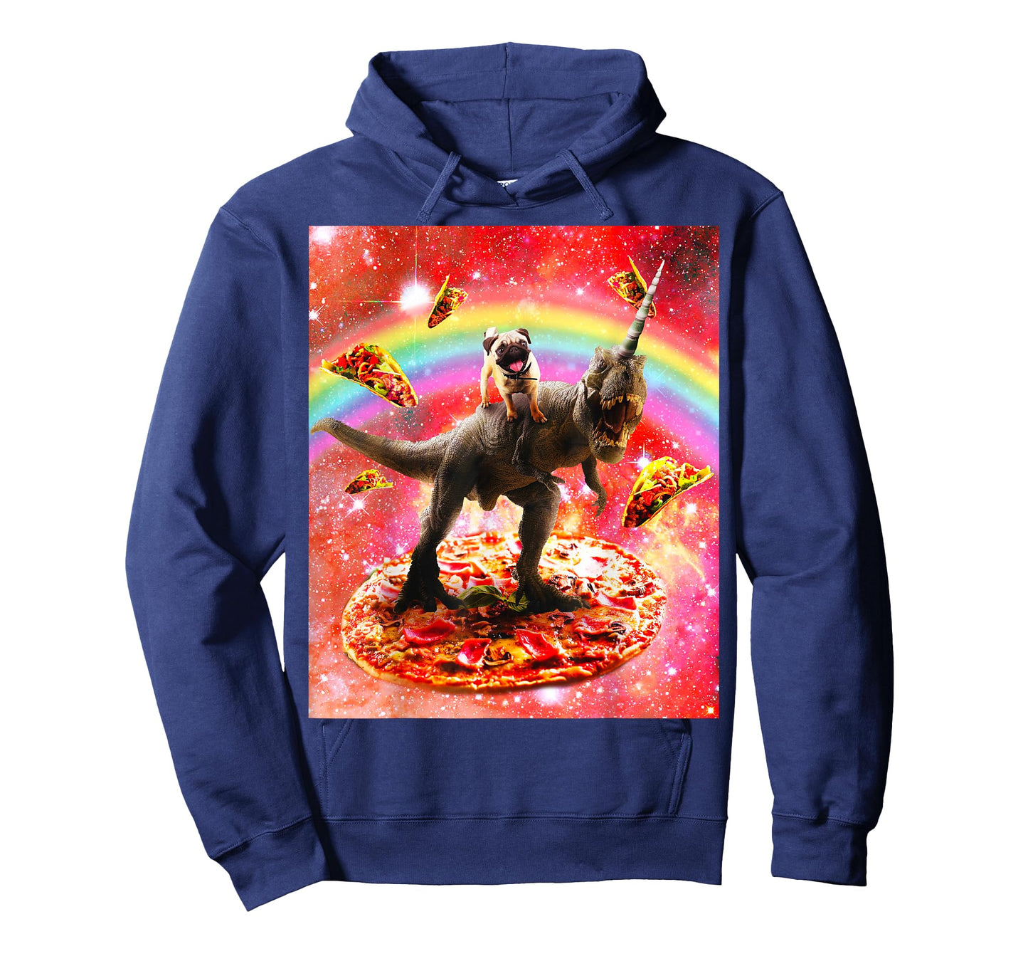 Space Pug Riding Dinosaur Unicorn - Pizza & Taco T-Shirt