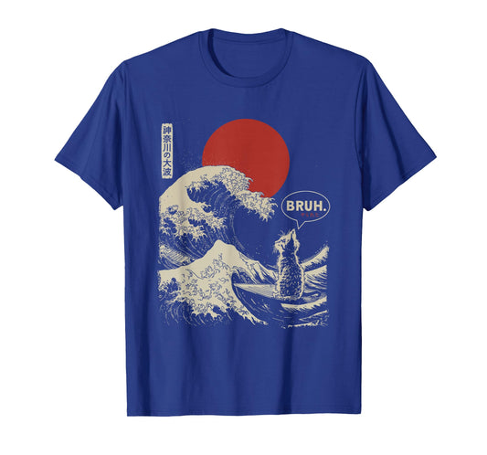 "BRUH." The Great Wave Kanagawa Funny Japanese Surfing Cat T-Shirt