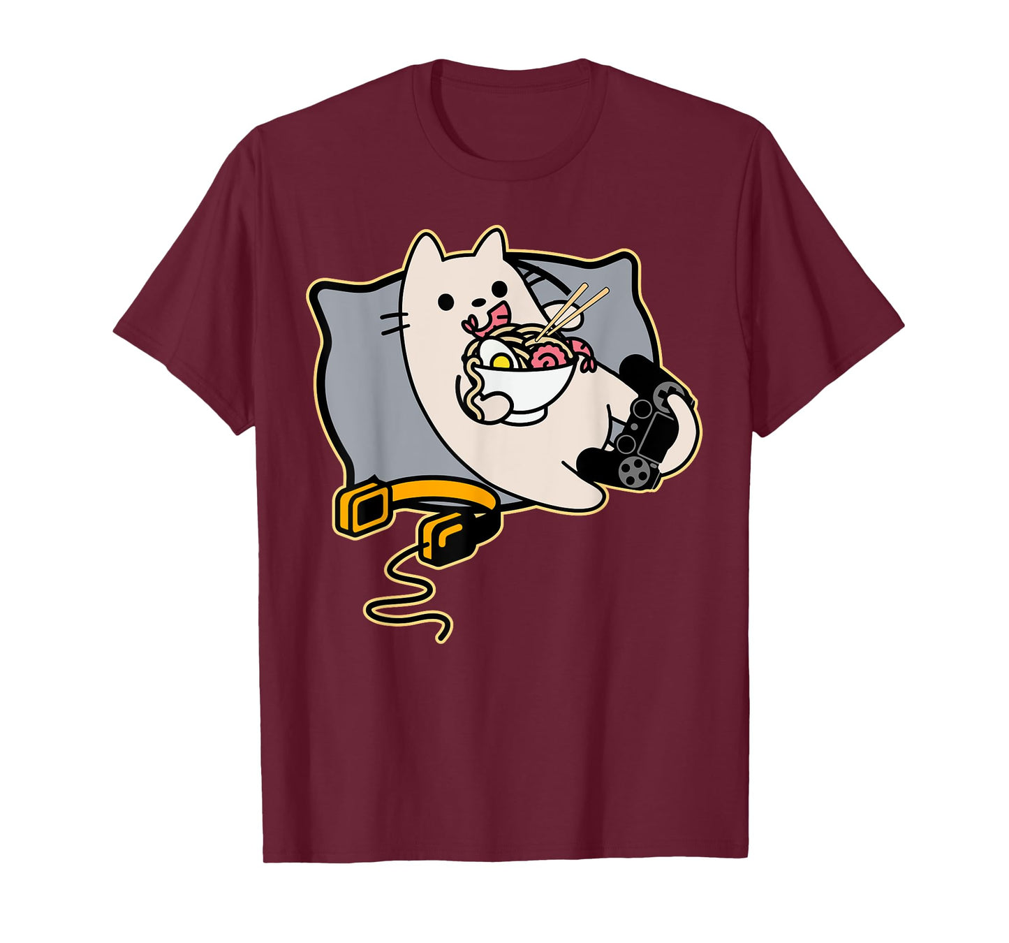 Nerdy Ramen Eating Gamer Cat Game Paused T-Shirt Small