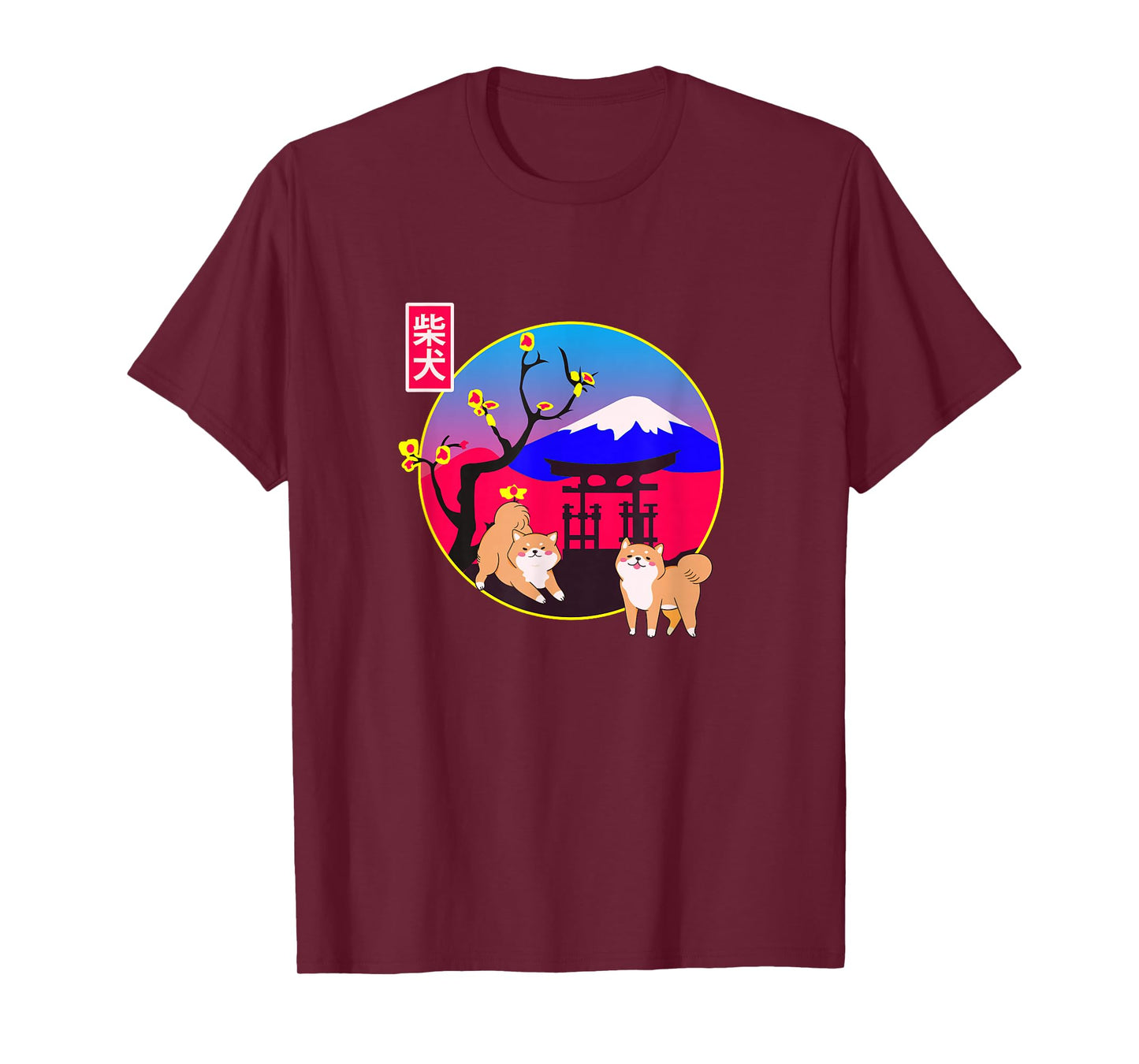 Akita Shiba Inu Japanese Dog Twins Play Mt Fuji & Shrine T-Shirt