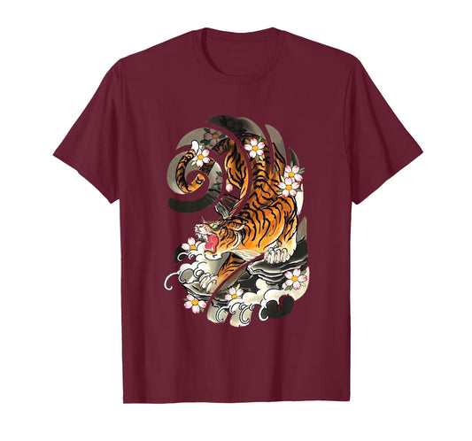 Vintage Japanese Tiger Traditional Asian Cherry Blossom Art T-Shirt Small