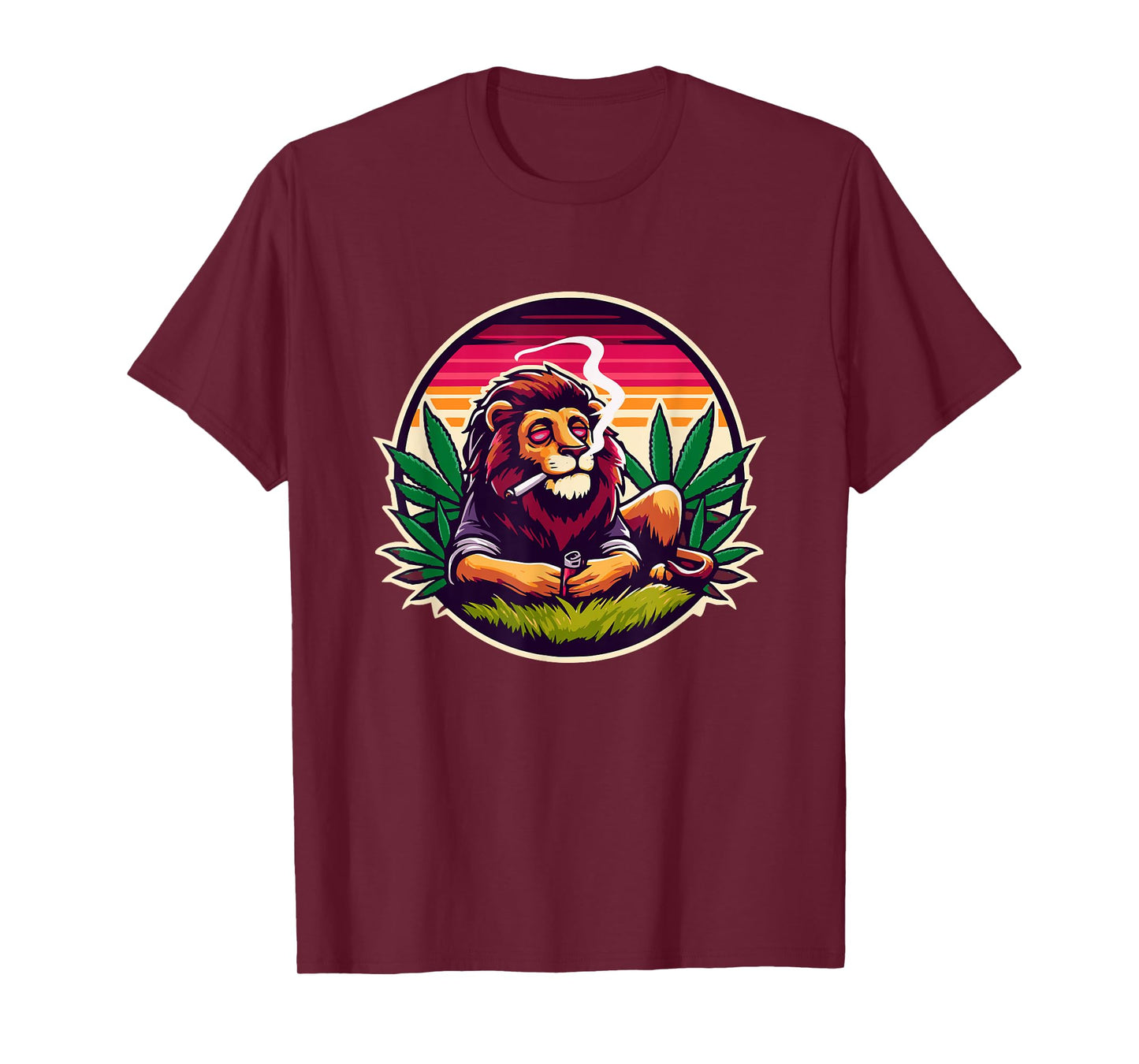 Roaring Lion Amidst Cannabis Leaves Emblem T-Shirt