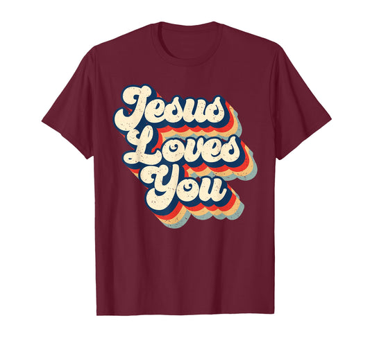 Jesus Loves Retro Vintage Christian Faith Hippie Mens Womens T-Shirt