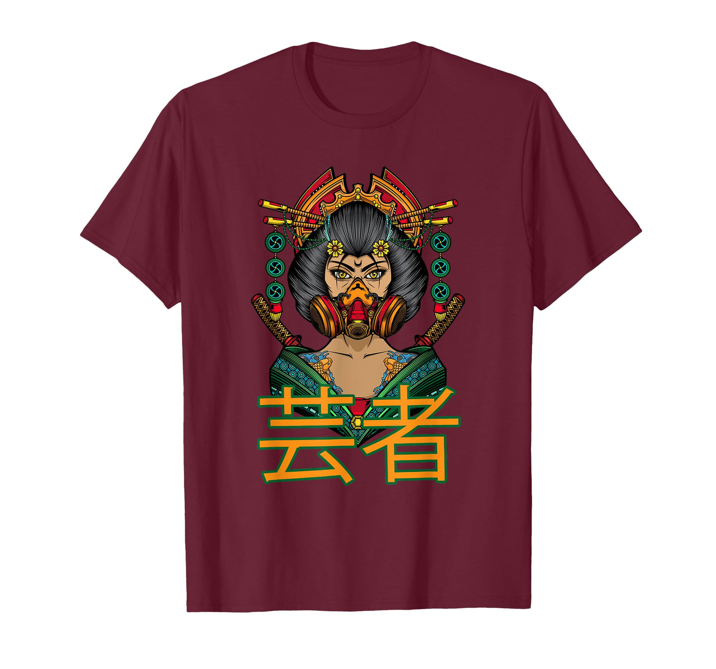 Beautiful Japanese Geisha with Samurai, Gas Mask and Flowers T-Shirt