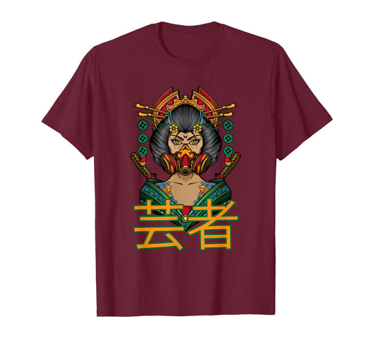 Beautiful Japanese Geisha with Samurai, Gas Mask and Flowers T-Shirt