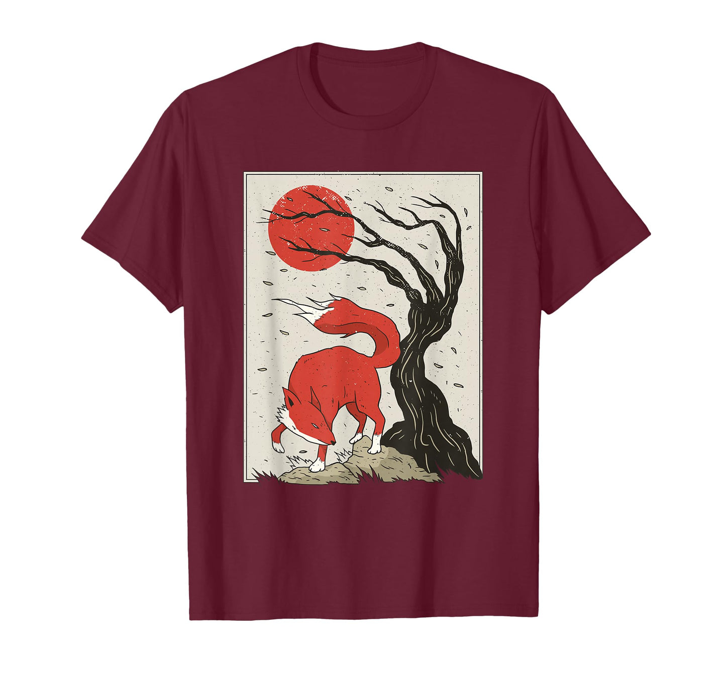 Japanese Style Painting Of The Fox, Tree And Sun T-Shirt