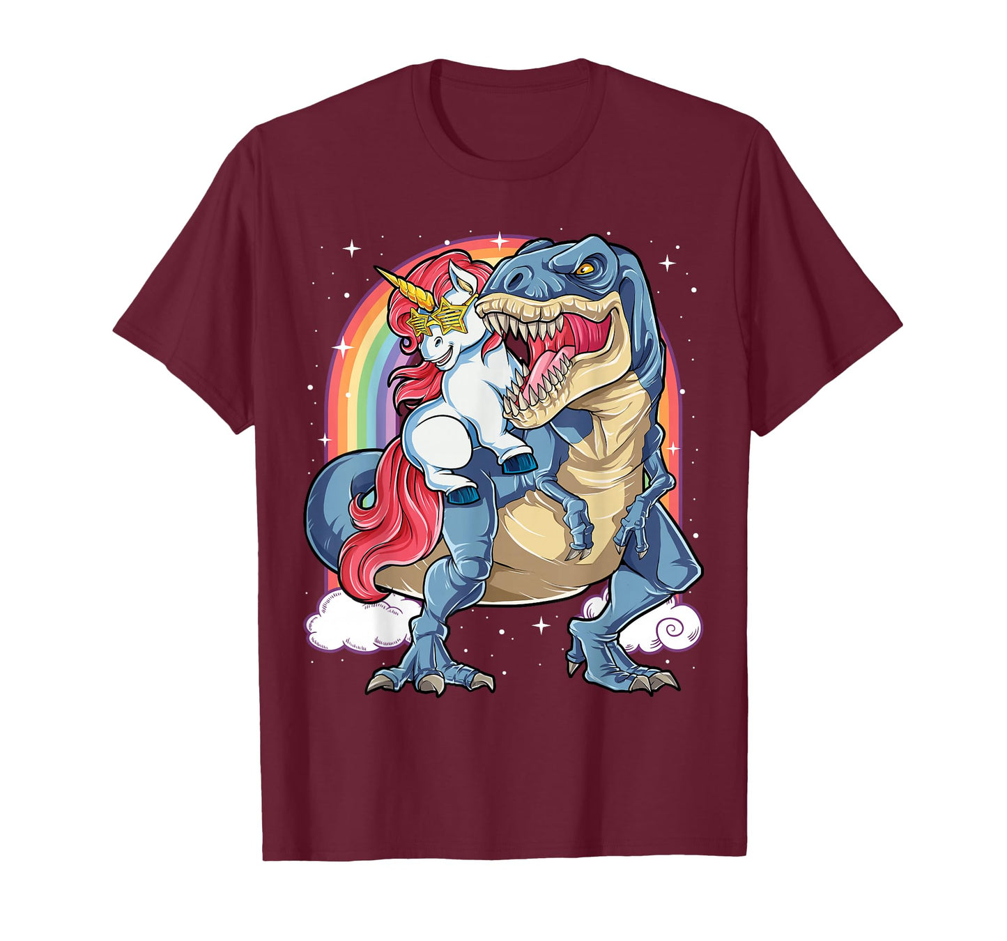 Unicorn Riding T rex Dinosaur Boys Girls Men Women Rainbow T-Shirt