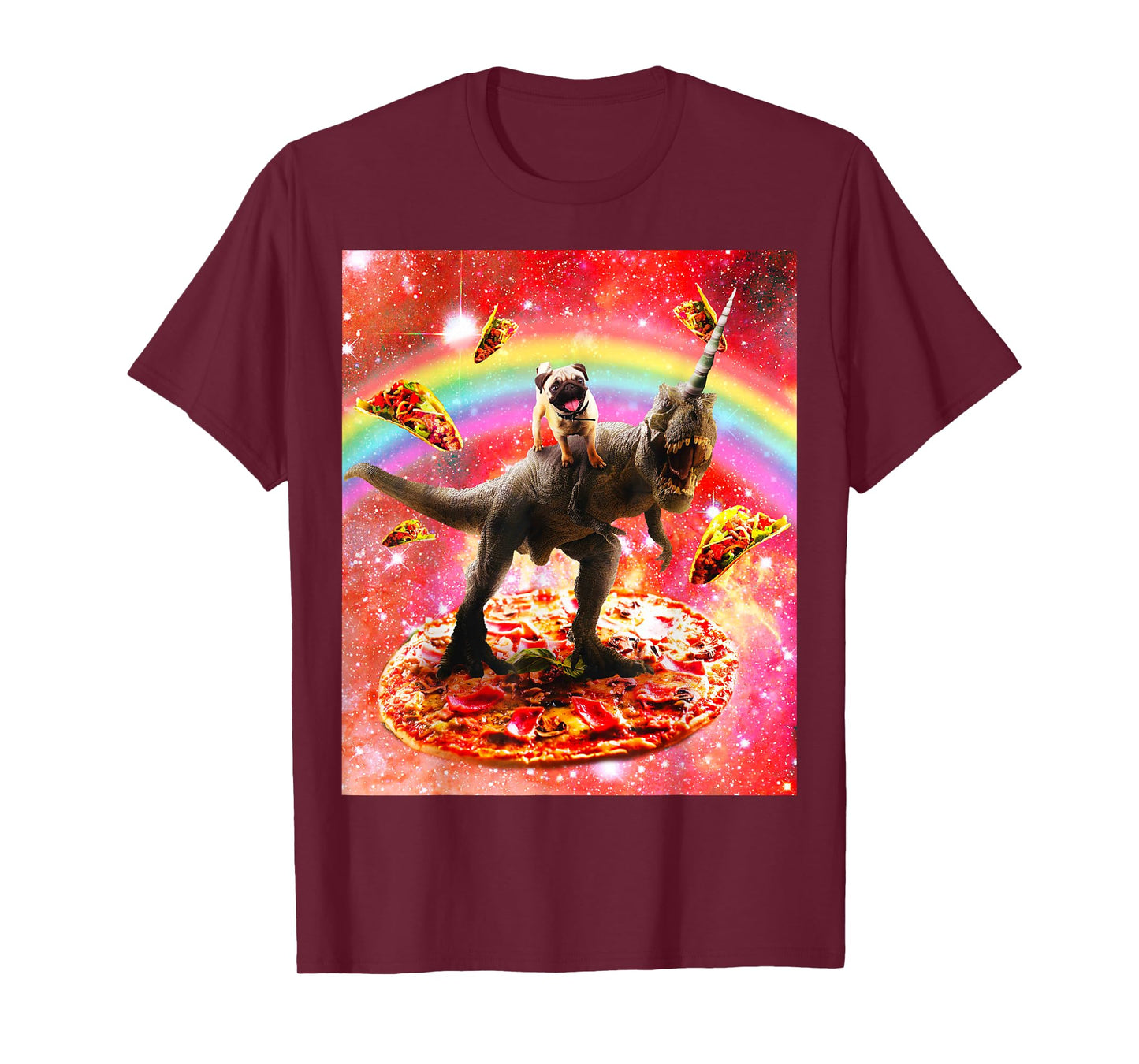 Space Pug Riding Dinosaur Unicorn - Pizza & Taco T-Shirt