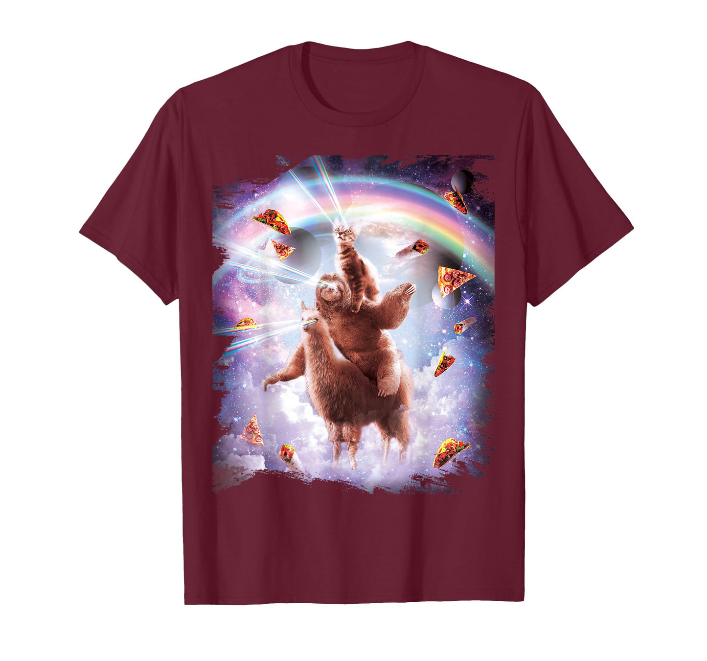 Laser Eyes Space Cat Riding Sloth Llama - Rainbow T-Shirt