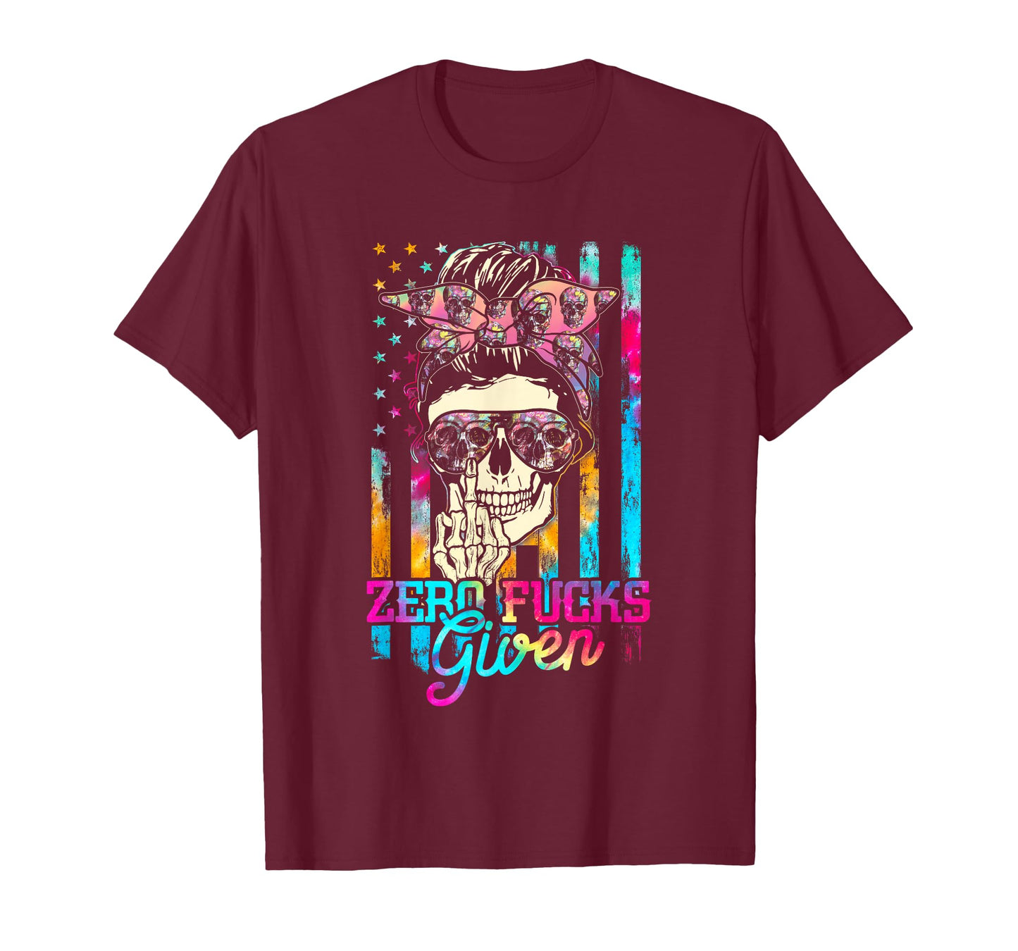 Skull Flag Skeleton Rainbow Messy Hair 0 Fucks Given T-Shirt