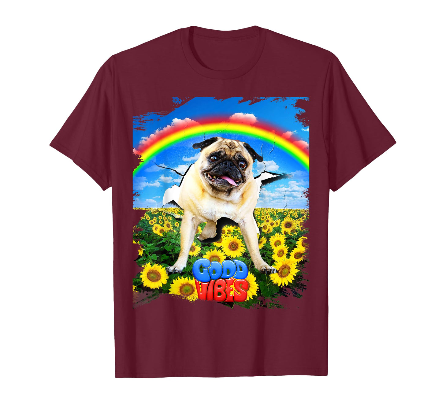 Pug Dog Cracked Wall Good Positive Vibes Rainbow Funny Men Women Kids T-Shirt
