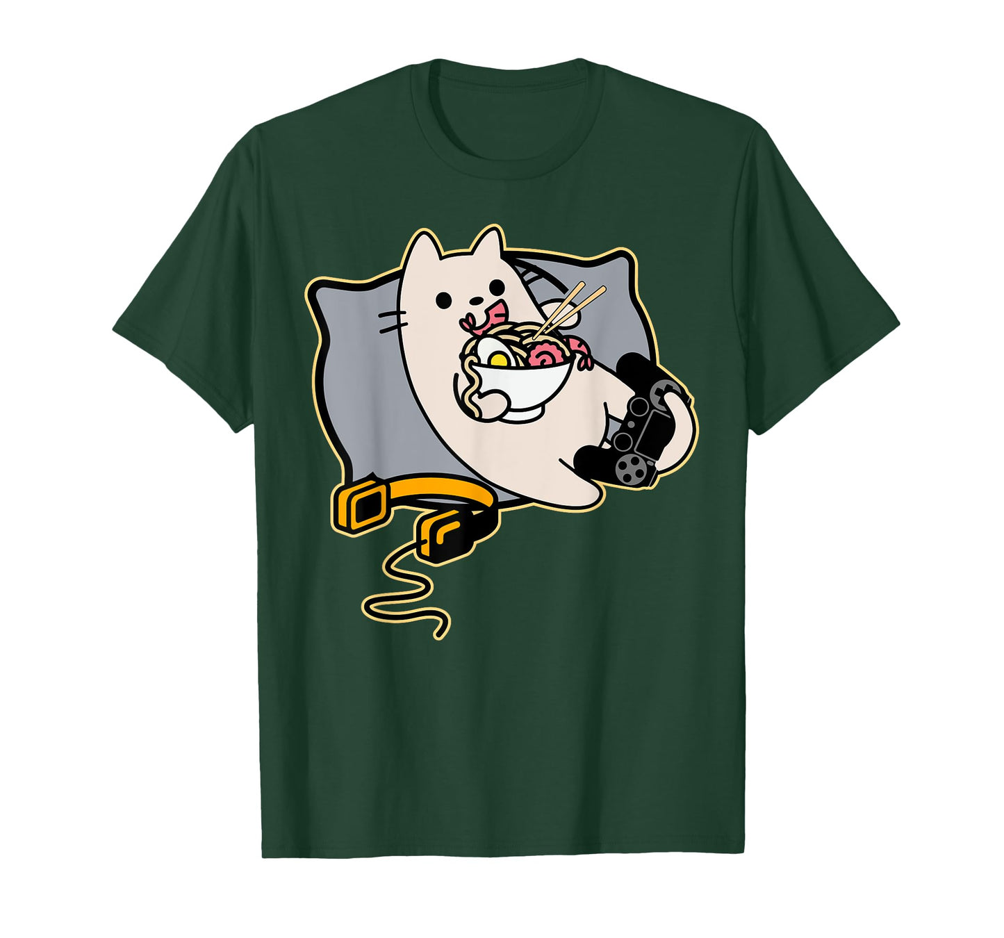 Nerdy Ramen Eating Gamer Cat Game Paused T-Shirt Small