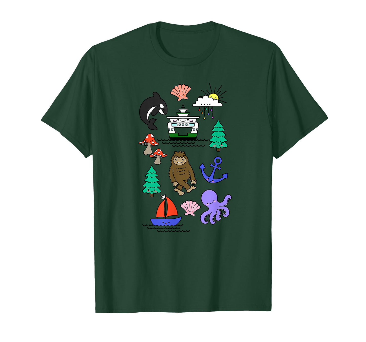 Pacific Northwest Kawaii Sasquatch Ferry Boat Doodle Sketch T-Shirt