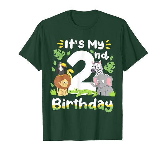 Jungle Safari 2nd Birthday Zoo Animal Two Years Old Kids T-Shirt