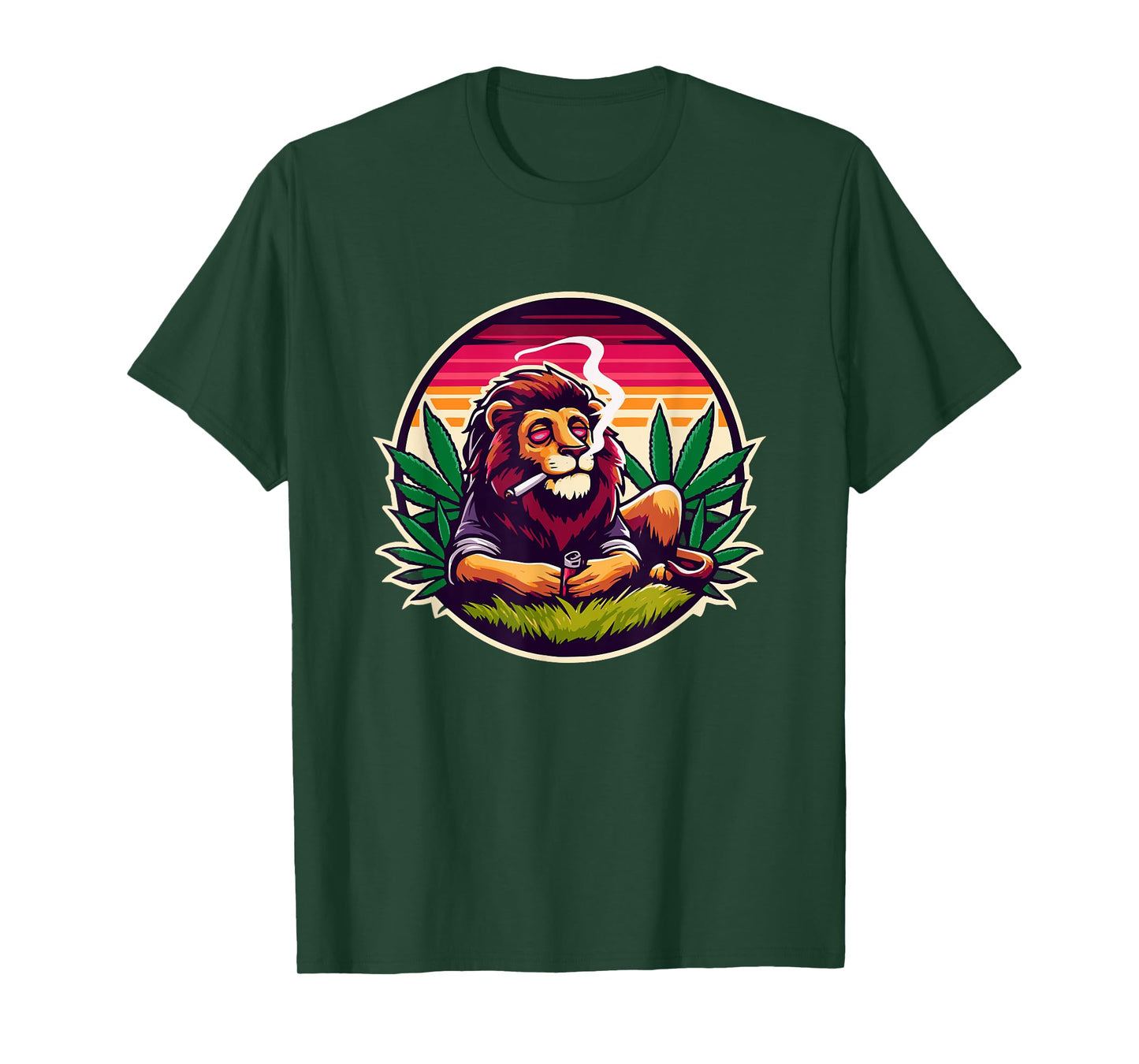 Roaring Lion Amidst Cannabis Leaves Emblem T-Shirt