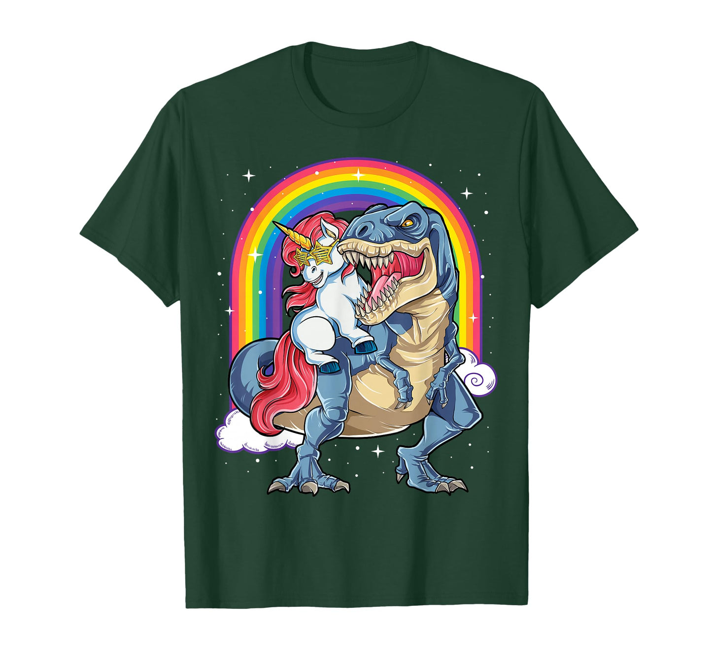 Unicorn Riding T rex Dinosaur Boys Girls Men Women Rainbow T-Shirt