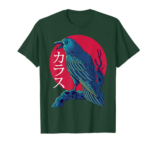 Red Moon Raven Black Crow Bird Japanese Gothic T-Shirt