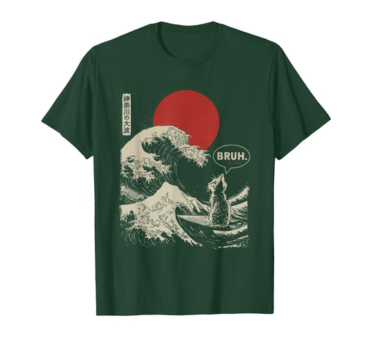 "BRUH." The Great Wave Kanagawa Funny Japanese Surfing Cat T-Shirt