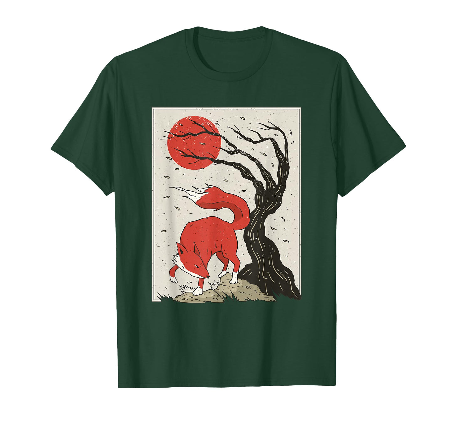Japanese Style Painting Of The Fox, Tree And Sun T-Shirt