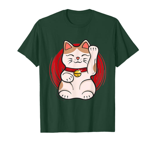 Maneki-Neko Lucky Cat Statue Waving Japanese Style Design T-Shirt