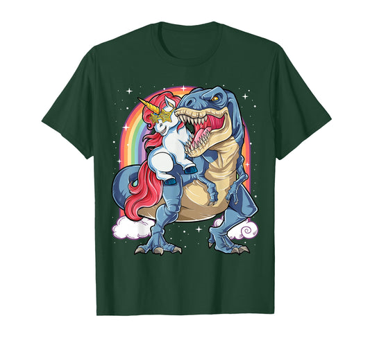 Unicorn Riding T rex Dinosaur Boys Girls Men Women Rainbow T-Shirt