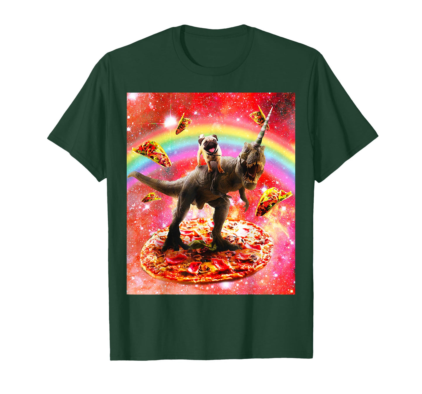 Space Pug Riding Dinosaur Unicorn - Pizza & Taco T-Shirt