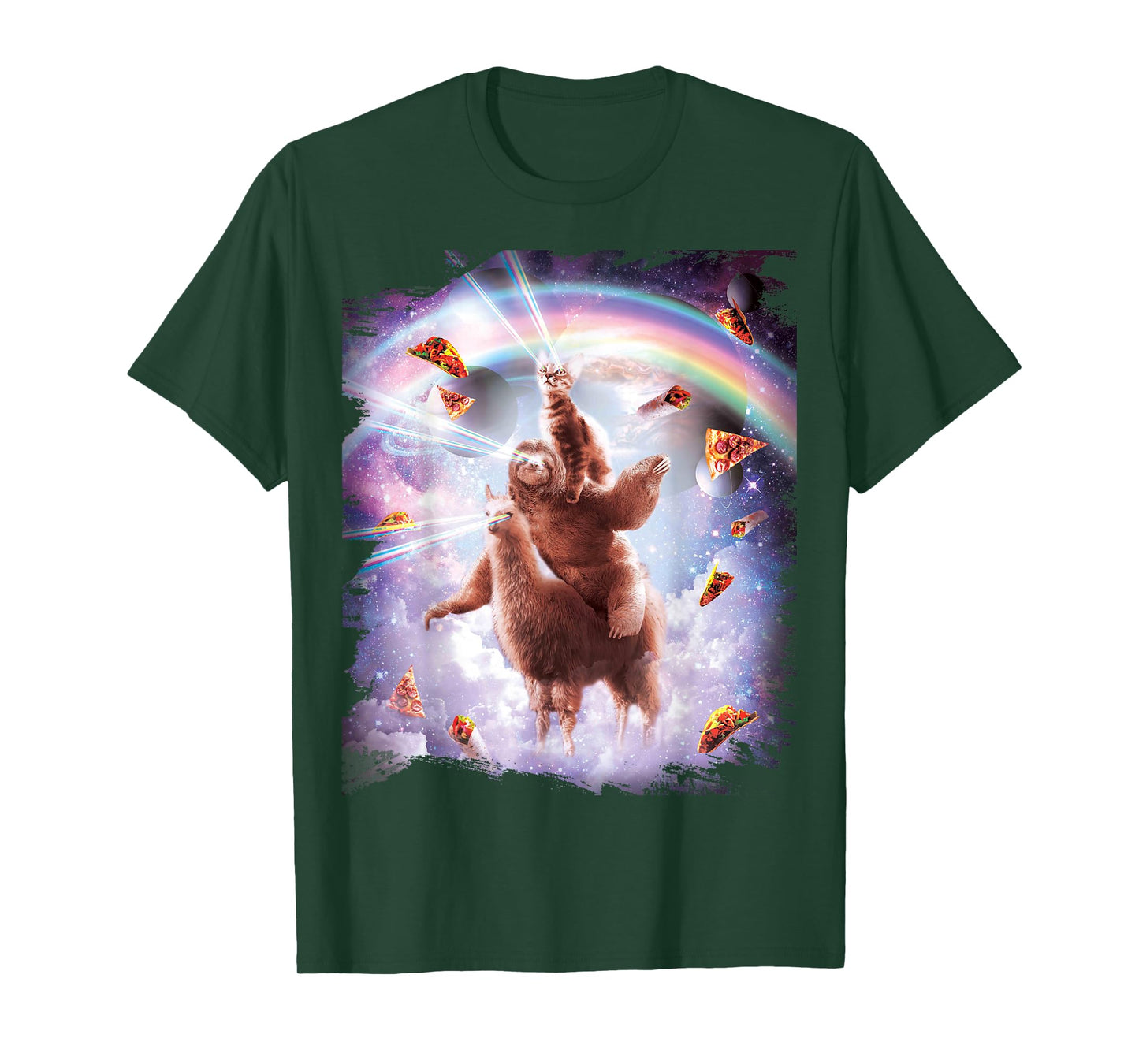 Laser Eyes Space Cat Riding Sloth Llama - Rainbow T-Shirt