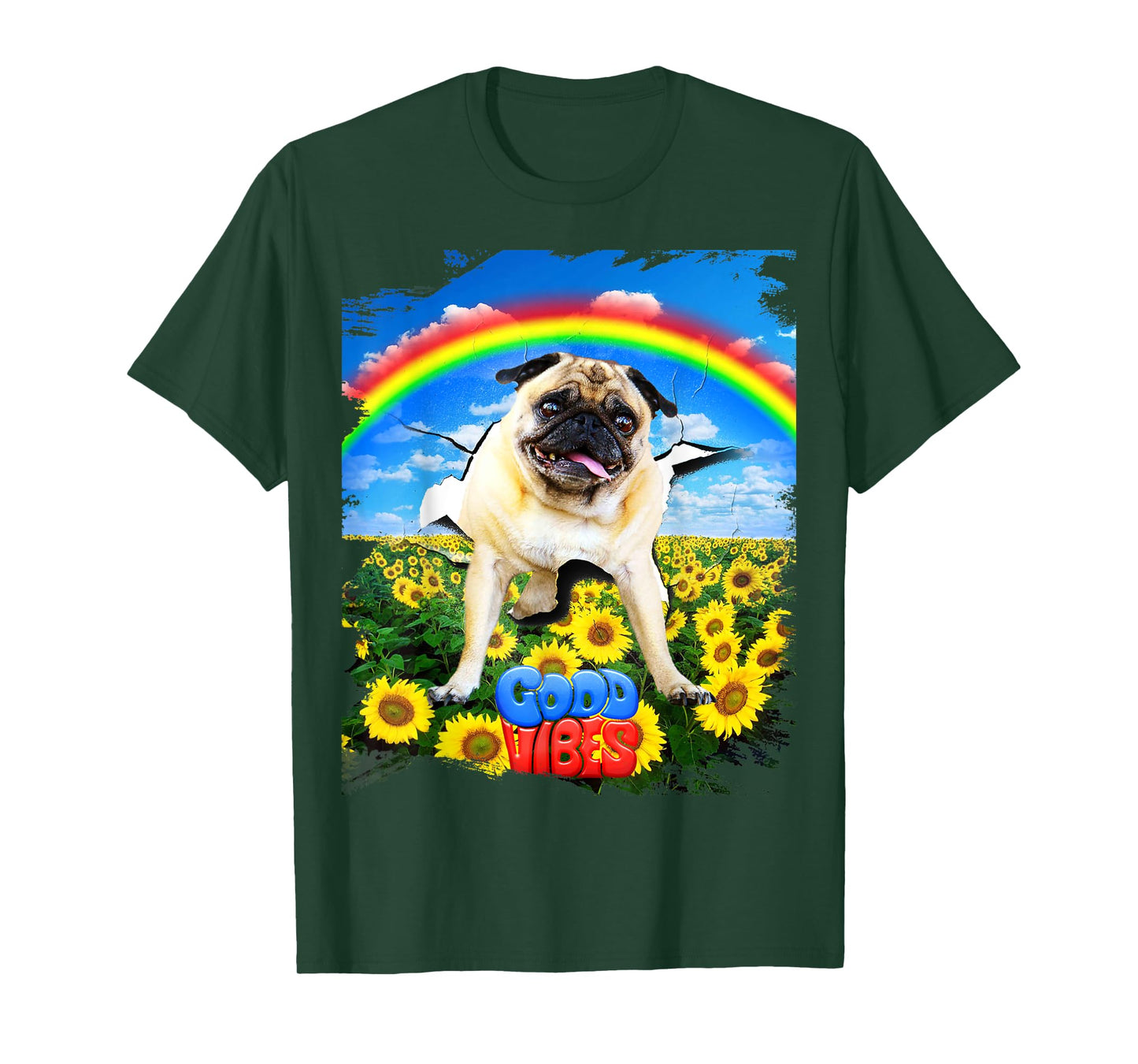 Pug Dog Cracked Wall Good Positive Vibes Rainbow Funny Men Women Kids T-Shirt