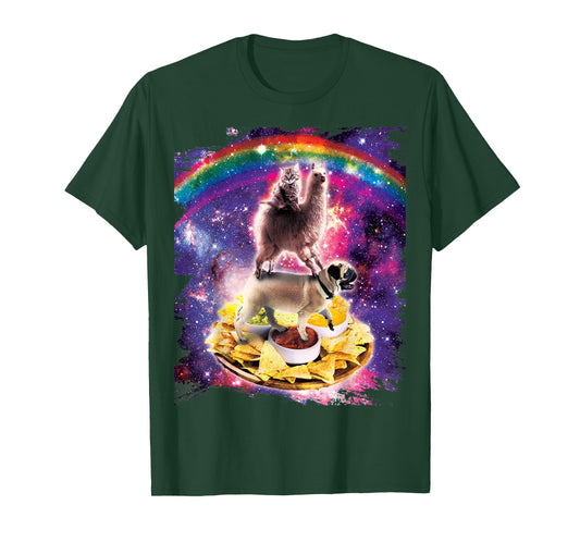 Space Cat Llama Pug Riding Nachos Men Women Kids T-Shirt