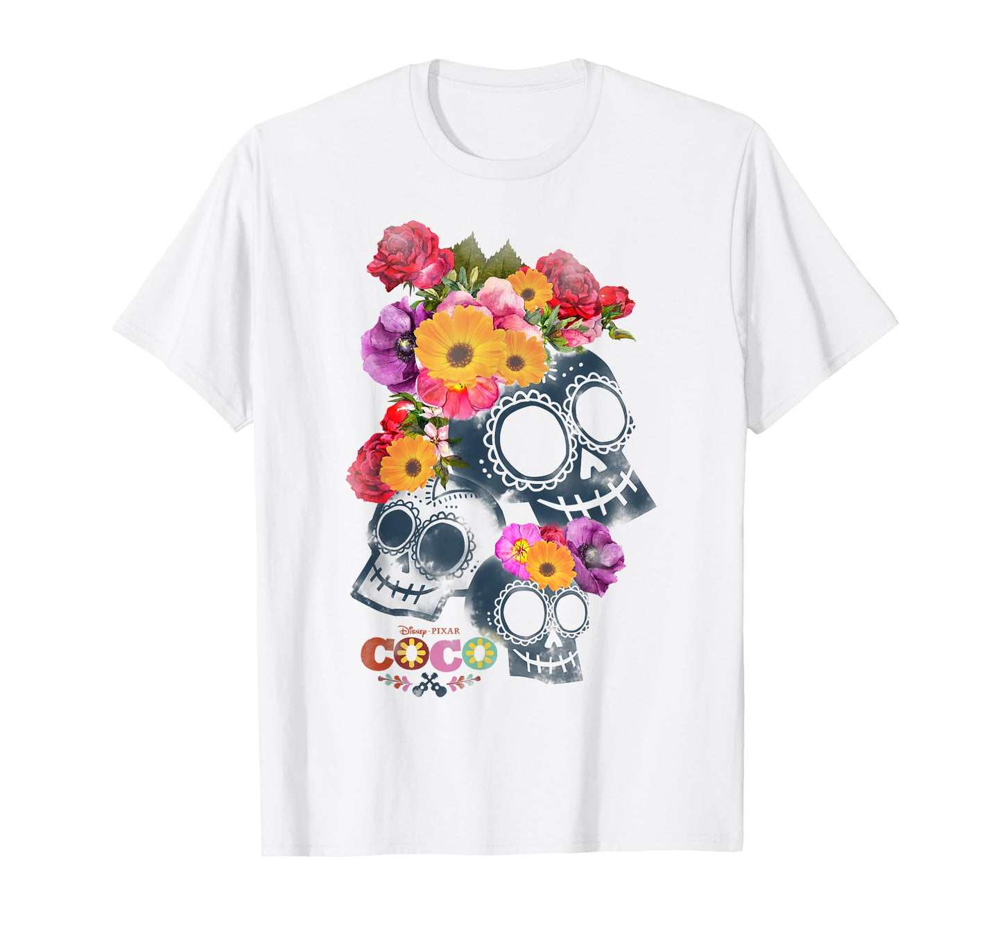 Disney Pixar Coco Calaveras Floral Skulls Rainbow Logo T-Shirt