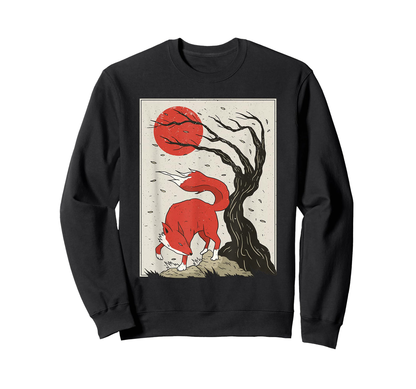 Japanese Style Painting Of The Fox, Tree And Sun T-Shirt