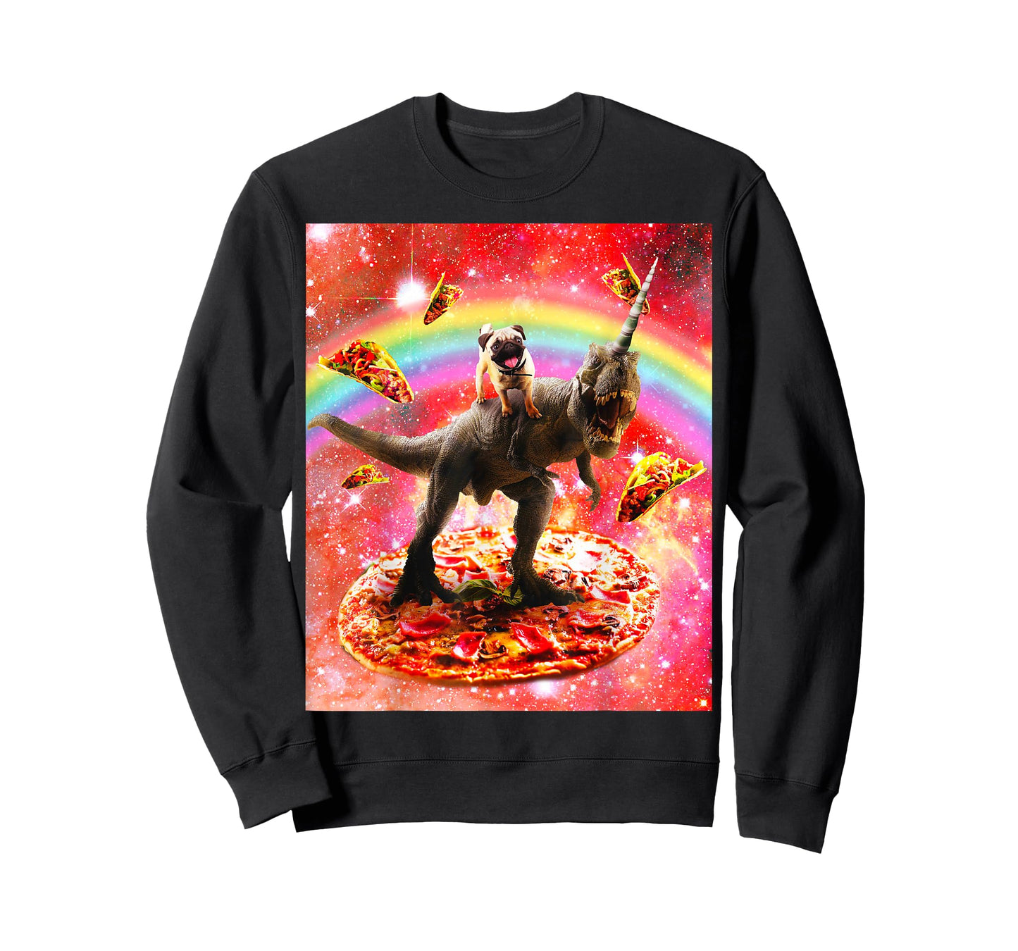 Space Pug Riding Dinosaur Unicorn - Pizza & Taco T-Shirt