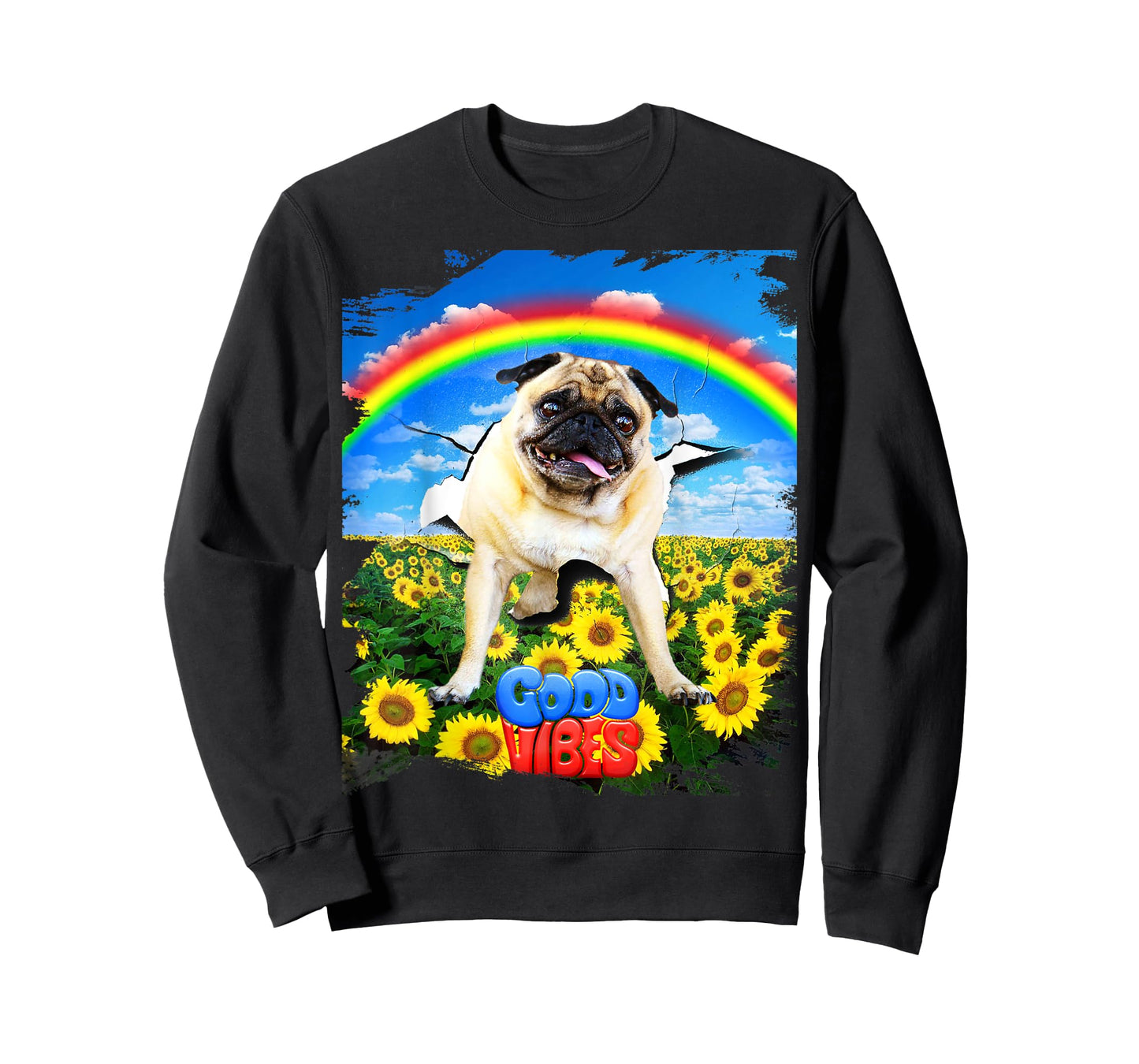 Pug Dog Cracked Wall Good Positive Vibes Rainbow Funny Men Women Kids T-Shirt