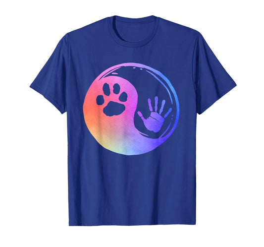 Dog Cat Paw Print Hand Yin Yang Rainbow Pawprint Hand Print T-Shirt