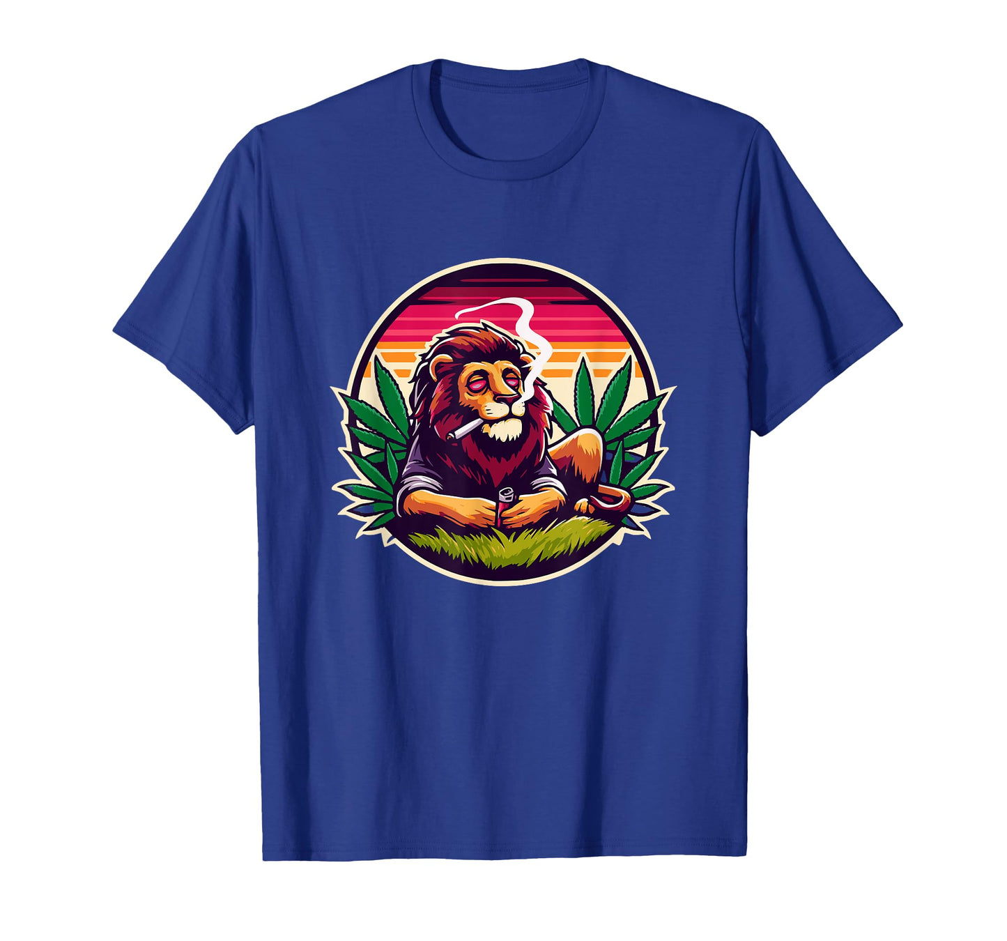 Roaring Lion Amidst Cannabis Leaves Emblem T-Shirt