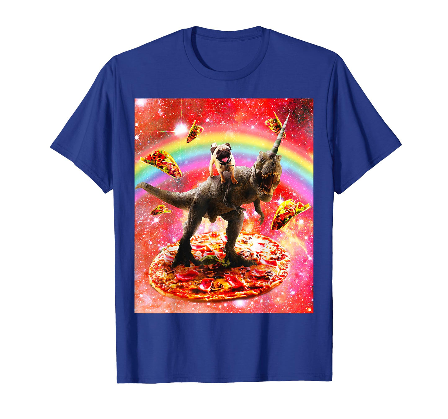 Space Pug Riding Dinosaur Unicorn - Pizza & Taco T-Shirt