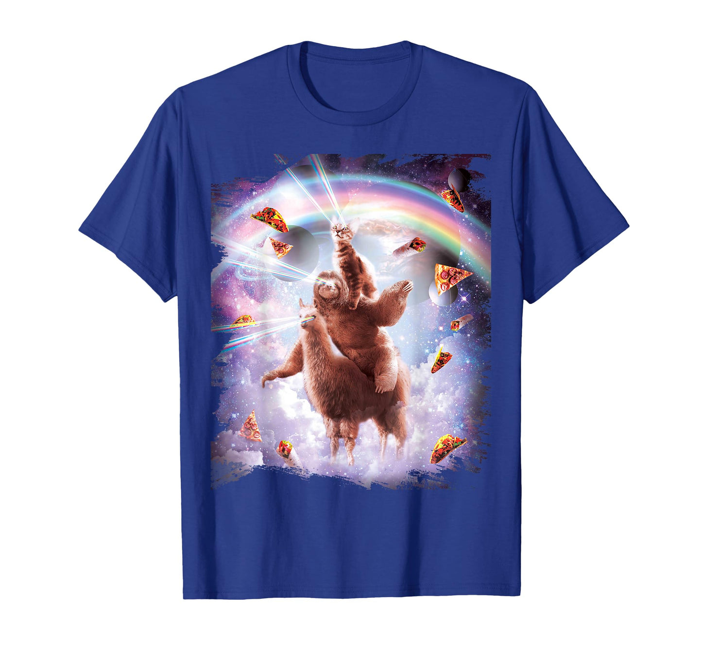 Laser Eyes Space Cat Riding Sloth Llama - Rainbow T-Shirt