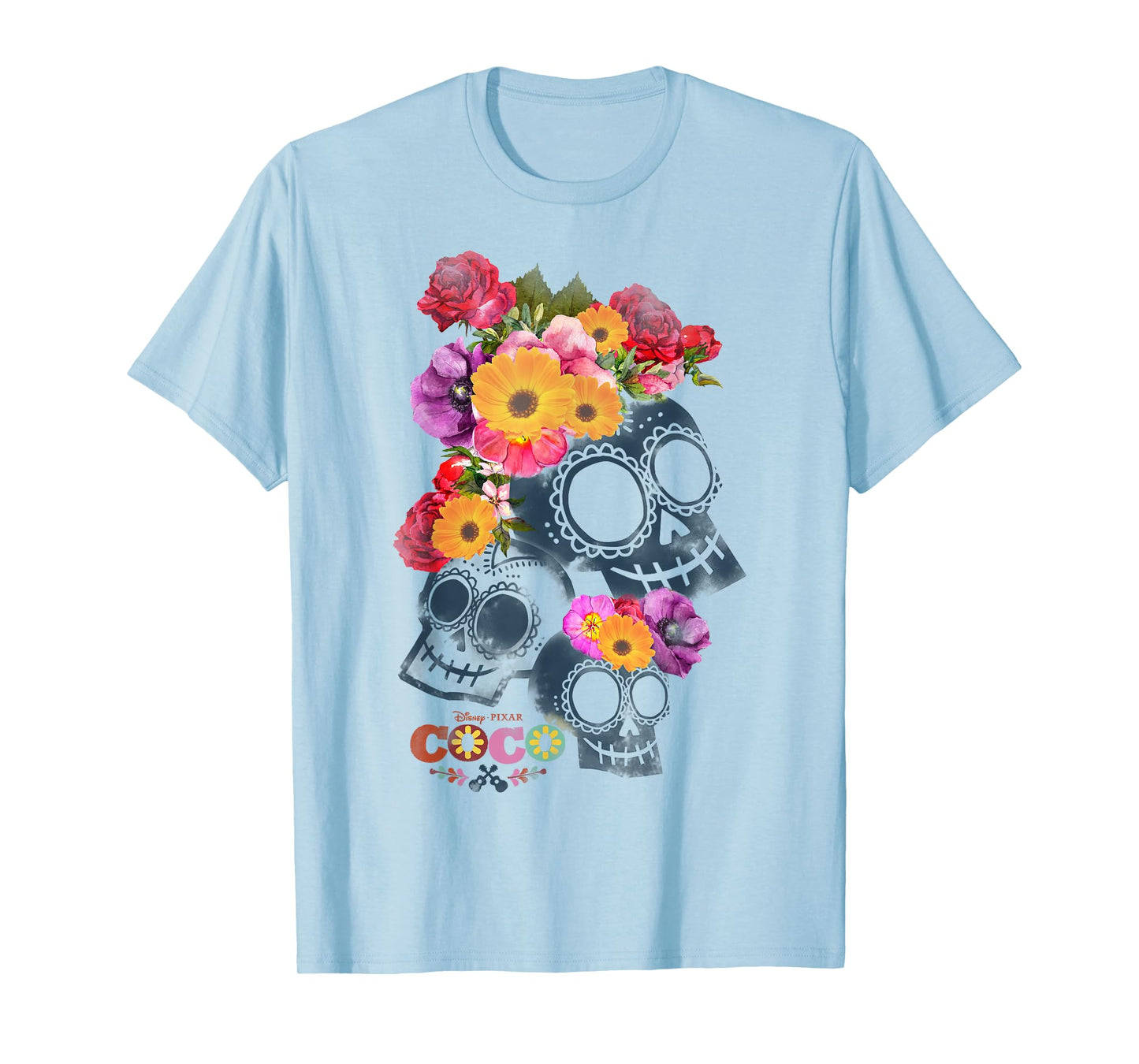 Disney Pixar Coco Calaveras Floral Skulls Rainbow Logo T-Shirt