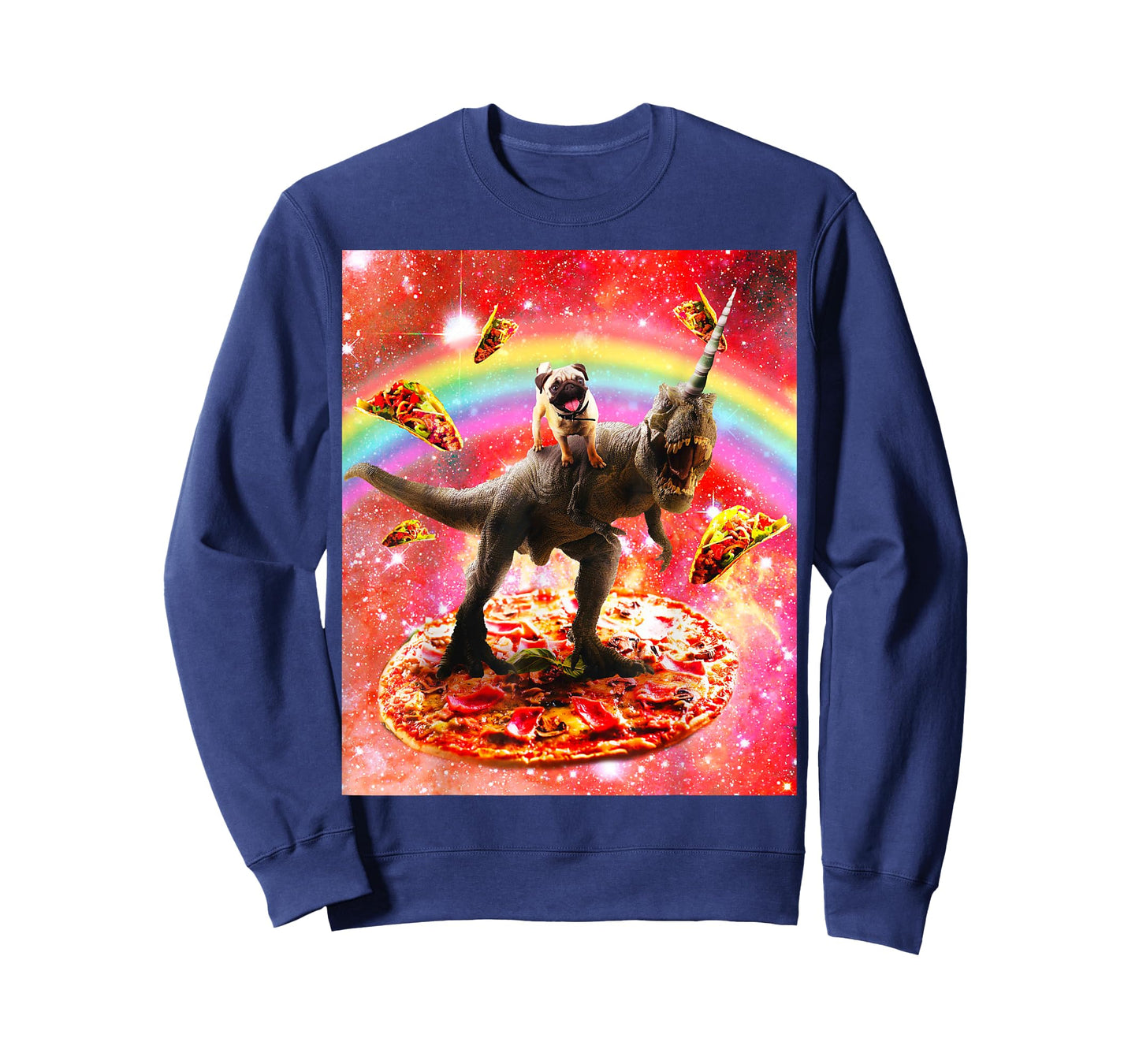 Space Pug Riding Dinosaur Unicorn - Pizza & Taco T-Shirt