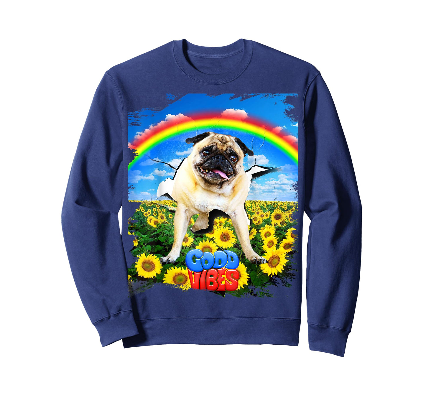 Pug Dog Cracked Wall Good Positive Vibes Rainbow Funny Men Women Kids T-Shirt