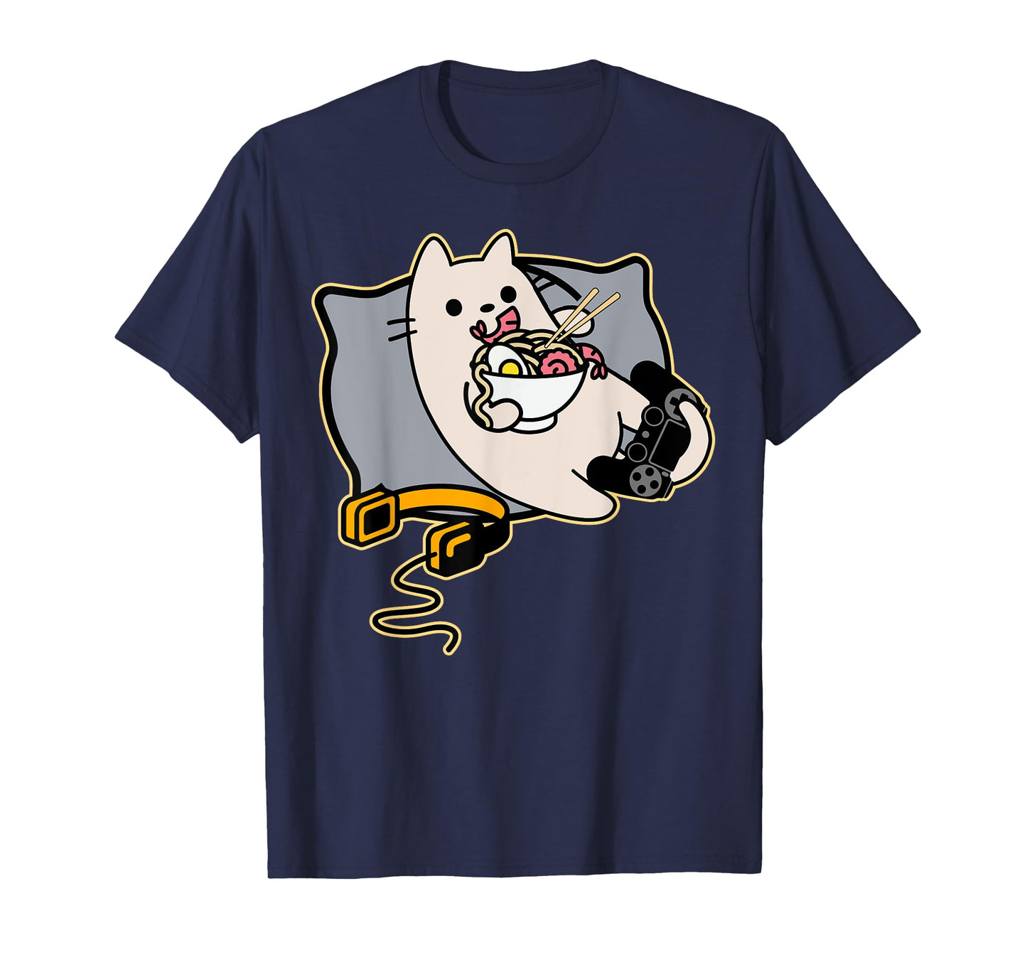 Nerdy Ramen Eating Gamer Cat Game Paused T-Shirt Small