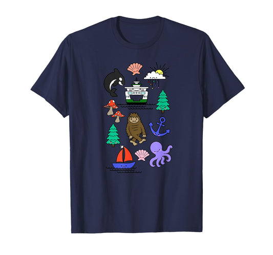 Pacific Northwest Kawaii Sasquatch Ferry Boat Doodle Sketch T-Shirt