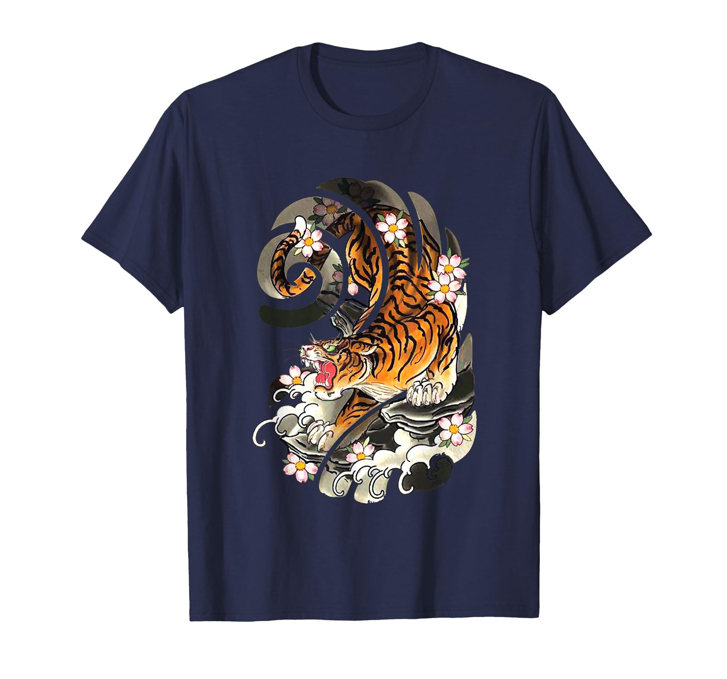 Vintage Japanese Tiger Traditional Asian Cherry Blossom Art T-Shirt Small