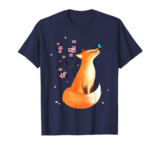 Fox Japanese Cherry Blossom Flower Vintage Gift T-Shirt