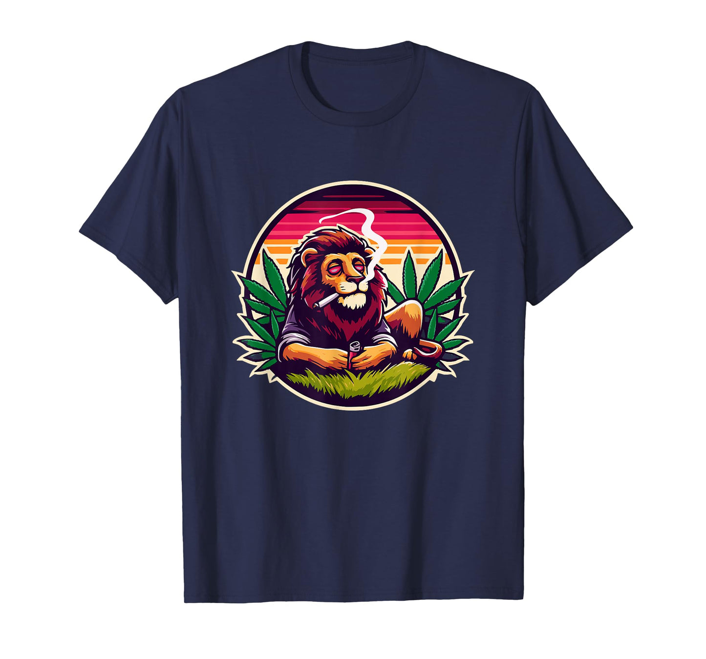 Roaring Lion Amidst Cannabis Leaves Emblem T-Shirt