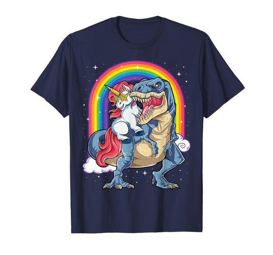 Unicorn Riding T rex Dinosaur Boys Girls Men Women Rainbow T-Shirt