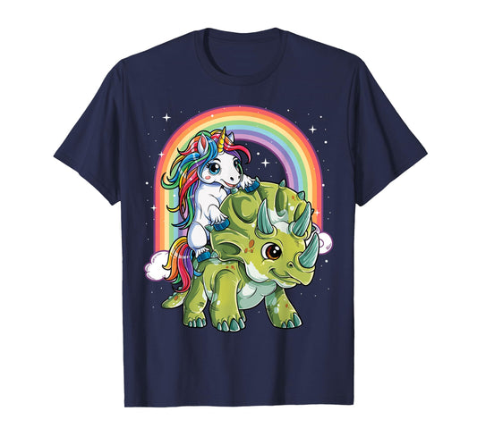 Unicorn Riding Dinosaur Triceratops Funny Boys Girls Rainbow T-Shirt Small
