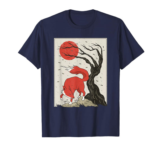 Japanese Style Painting Of The Fox, Tree And Sun T-Shirt