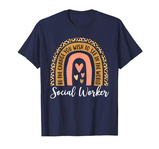 Social Worker Leopard Rainbow Funny Work Love T-Shirt