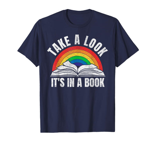 Vintage Retro Rainbow take a Look It's in a Book Reading Art T-Shirt Small